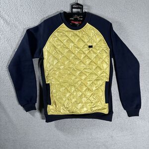NWT Bass By Ron‎ Bass Quilted Sweater Sz S Navy Blue & Yellow Crew Neck Pullover